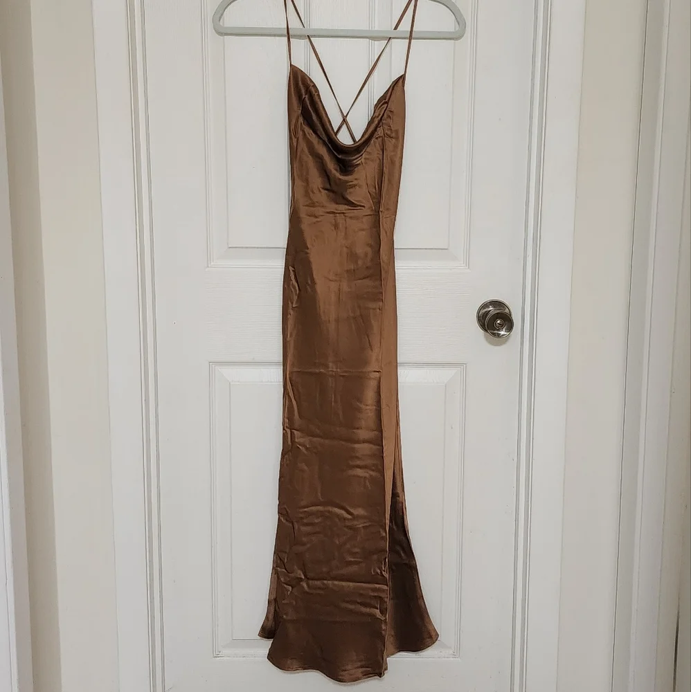 Silk Maison Lounge Cowl Neck Midi 100% Mulberry Silk Slip Dress XS Mocha Mousse - Picture 5 of 9